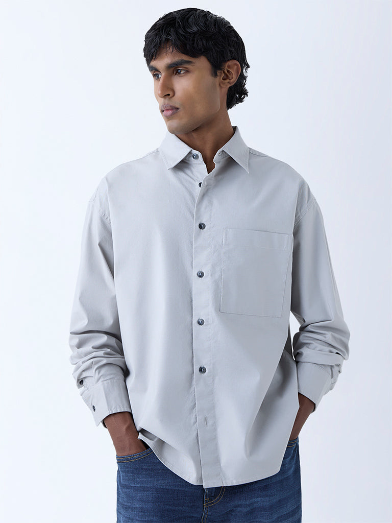 WES Casuals Grey Solid Relaxed-Fit Cotton Shirt - Image 3