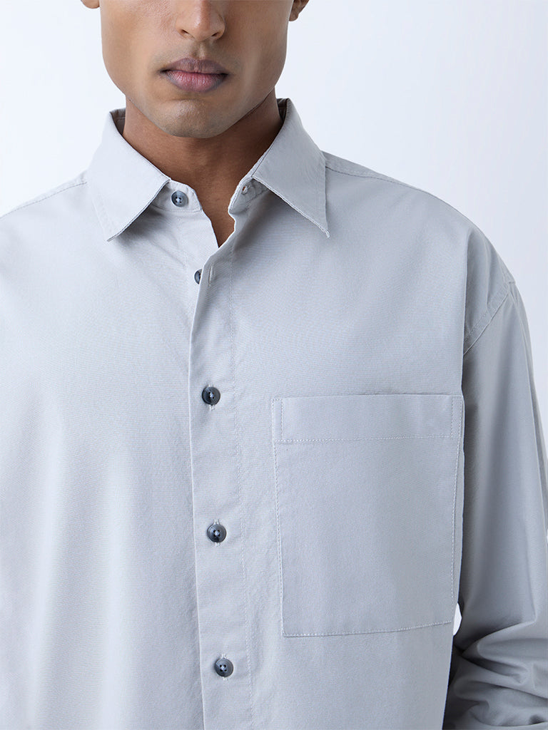 WES Casuals Grey Solid Relaxed-Fit Cotton Shirt - Image 4