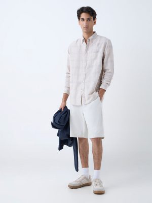 WES Casuals Beige Checkered Relaxed-Fit Cotton-Blend Shirt