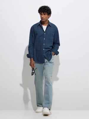 WES Casuals Navy Checks Printed Relaxed-Fit Cotton Shirt