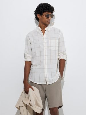 WES Casuals Beige Checks Relaxed-Fit Cotton-Blend Shirt