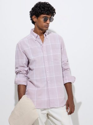 WES Casuals Lilac Checks Detailed Relaxed-Fit Cotton Shirt