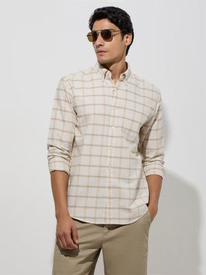WES Casuals Beige Checks Design Relaxed-Fit Cotton Shirt