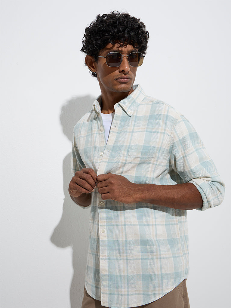 WES Casuals Mint Checkered Relaxed-Fit Cotton Shirt - Image 3