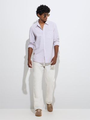 WES Casuals Dusty Pink Striped Relaxed-Fit Cotton Shirt