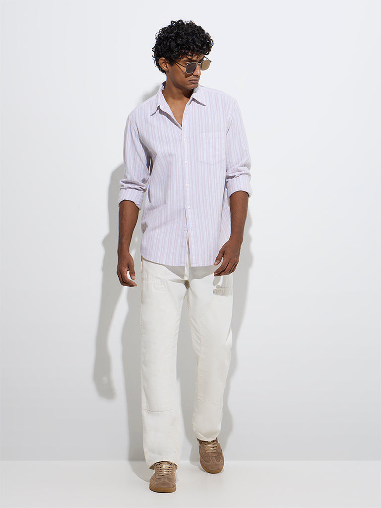 WES Casuals Dusty Pink Striped Relaxed-Fit Cotton Shirt