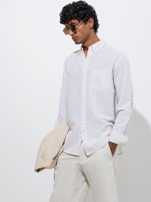 WES Casuals Beige Stripe Relaxed-Fit Cotton-Blend Shirt