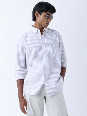WES Casuals Taupe Stripe Pattern Relaxed-Fit Cotton-Blend Shirt