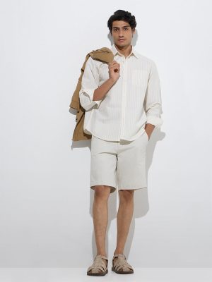 WES Casuals Beige Striped Relaxed-Fit Cotton Shirt