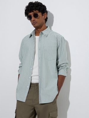 WES Casuals Sage Striped Relaxed-Fit Cotton Shirt