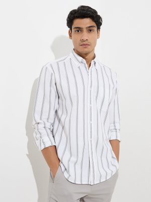 WES Casuals White Stripe Pattern Relaxed-Fit Cotton Shirt