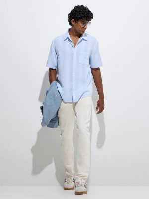 WES Casuals Light Blue Striped Relaxed-Fit Cotton Shirt