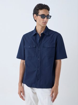 WES Casuals Navy Solid Relaxed-Fit Cotton-Blend Shirt