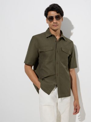 WES Casuals Olive Solid Relaxed-Fit Cotton-Blend Shirt