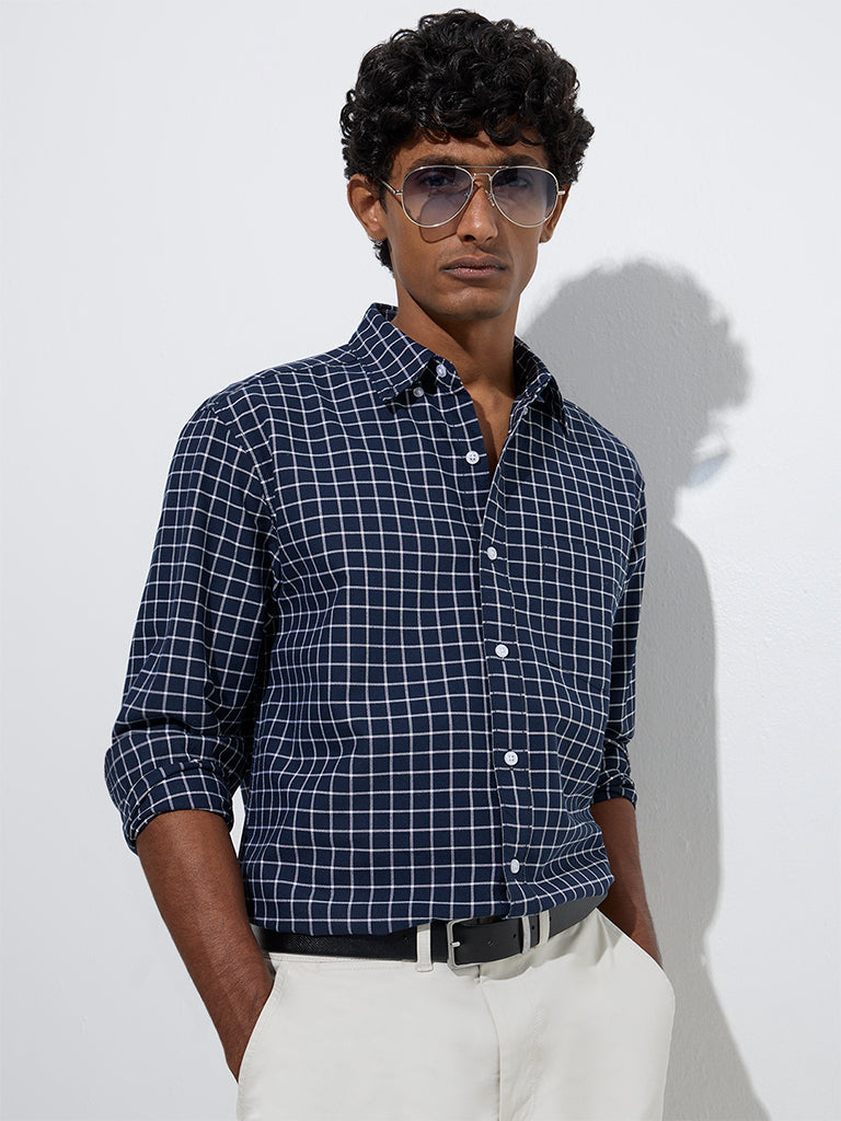 WES Casuals Navy Checks Print Relaxed-Fit Cotton Shirt