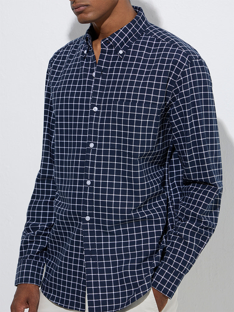 WES Casuals Navy Checks Print Relaxed-Fit Cotton Shirt - Image 3