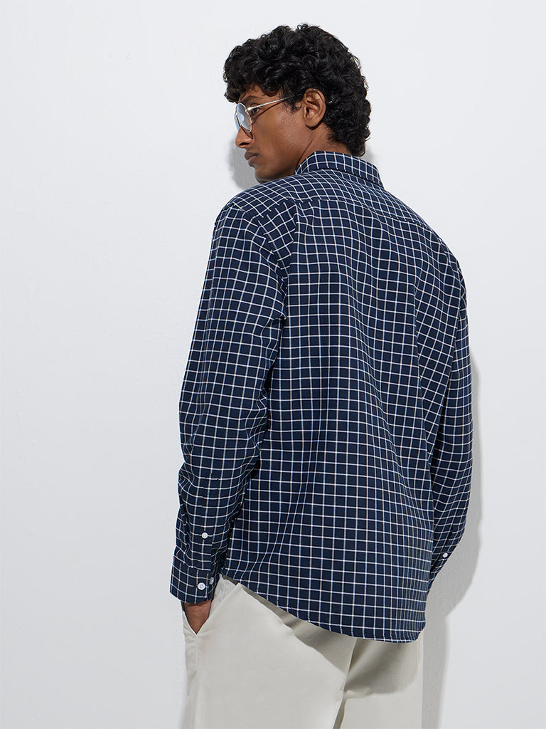 WES Casuals Navy Checks Print Relaxed-Fit Cotton Shirt - Image 4