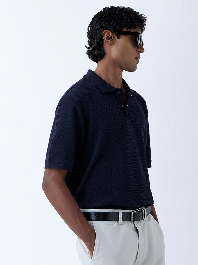WES Casuals Navy Popcorn Textured Relaxed-Fit Polo T-Shirt - Image 3