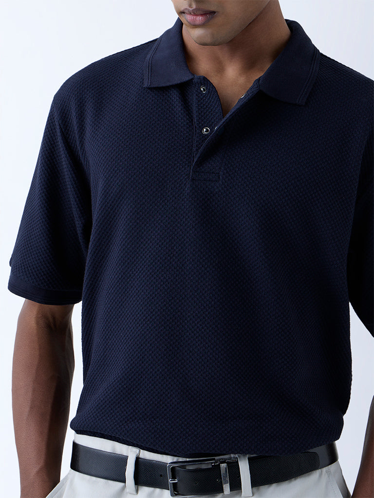 WES Casuals Navy Popcorn Textured Relaxed-Fit Polo T-Shirt - Image 4