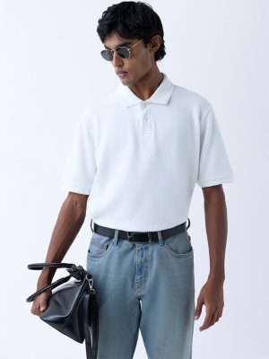 WES Casuals White Textured Relaxed-Fit Polo T-Shirt