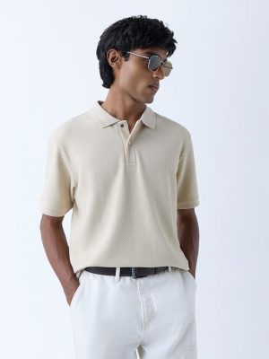 WES Casuals Beige Textured Relaxed-Fit Polo T-Shirt