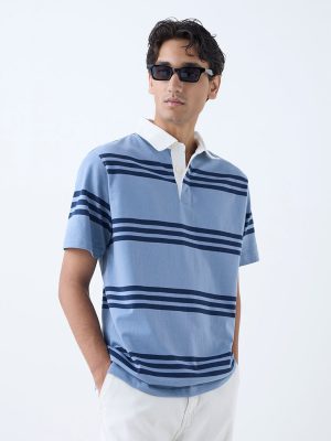 WES Casuals Blue Relaxed-Fit Cotton-Blend Polo T-Shirt