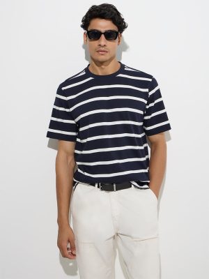 WES Casuals Navy Striped Relaxed-Fit Cotton T-Shirt