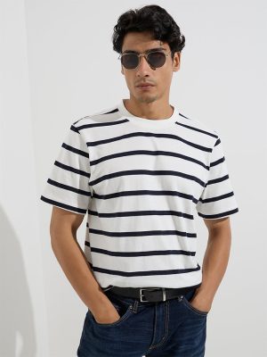 WES Casuals White Stripe Relaxed-Fit Cotton T-Shirt