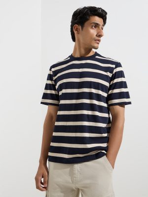 WES Casuals Navy Stripe Pattern Relaxed-Fit Cotton T-Shirt