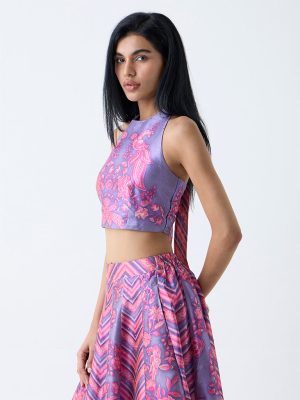 Vark Purple Botanical Printed Halter-Neck Ethnic Top