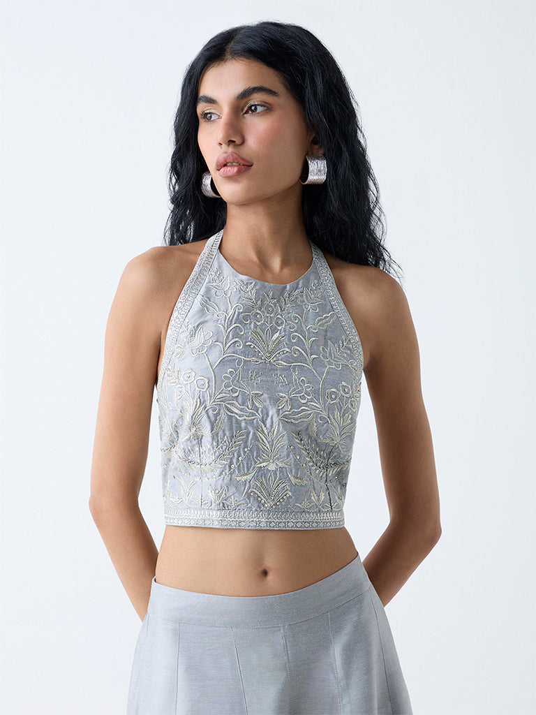 Vark Silver Floral Embroidered Halter Neck Top