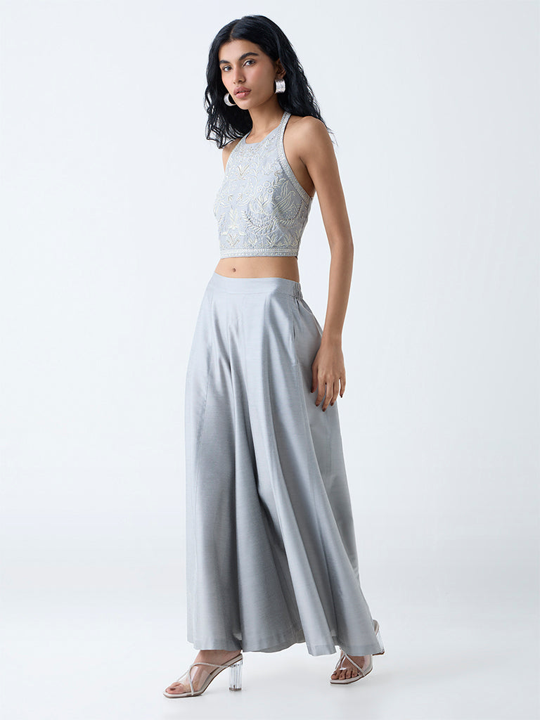 Vark Silver Floral Embroidered Halter Neck Top - Image 2