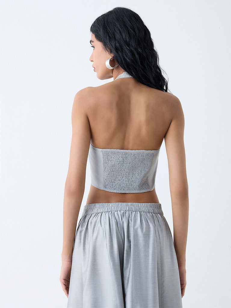 Vark Silver Floral Embroidered Halter Neck Top - Image 4