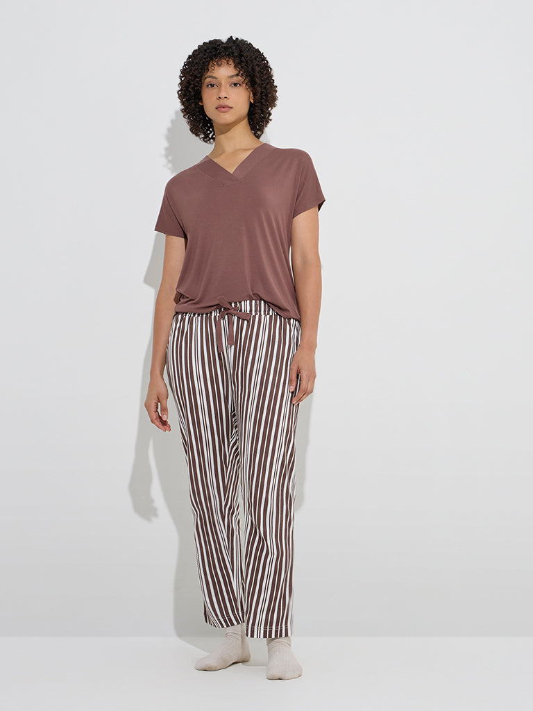 Wunderlove Dark Brown Striped High-Rise Cotton Pyjamas