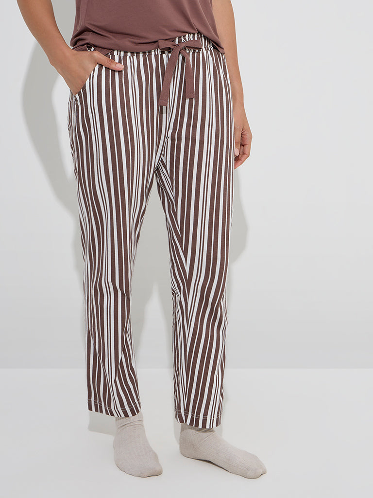 Wunderlove Dark Brown Striped High-Rise Cotton Pyjamas - Image 2