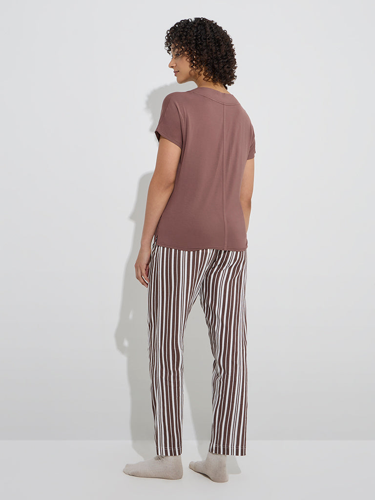 Wunderlove Dark Brown Striped High-Rise Cotton Pyjamas - Image 4