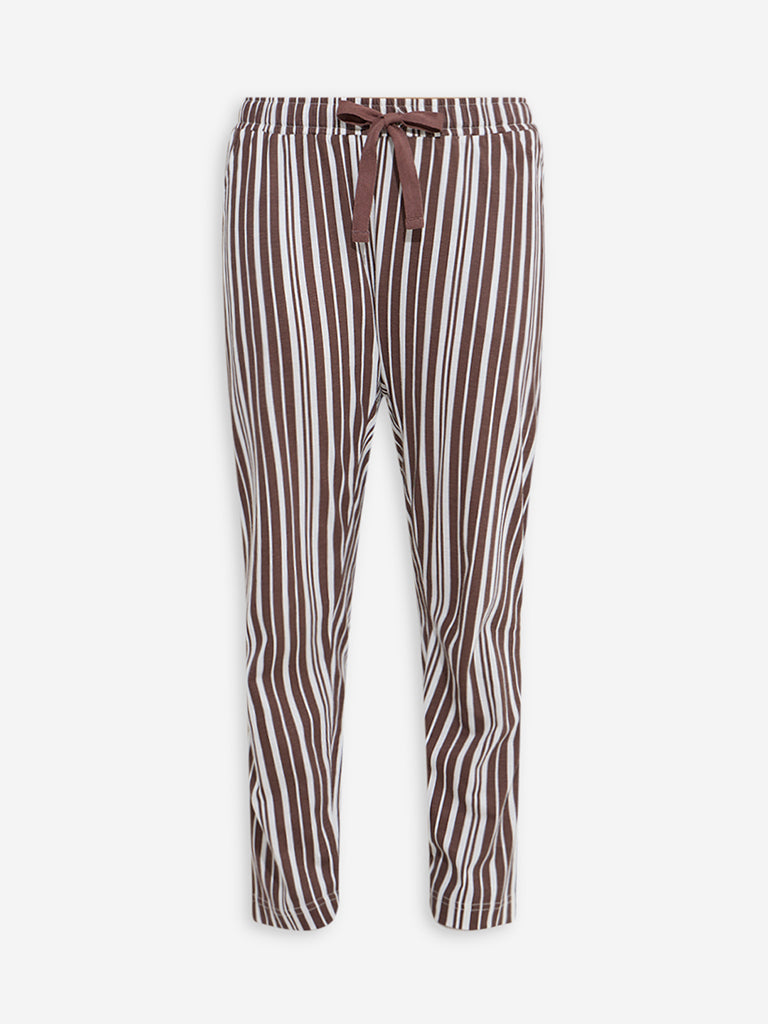 Wunderlove Dark Brown Striped High-Rise Cotton Pyjamas - Image 5