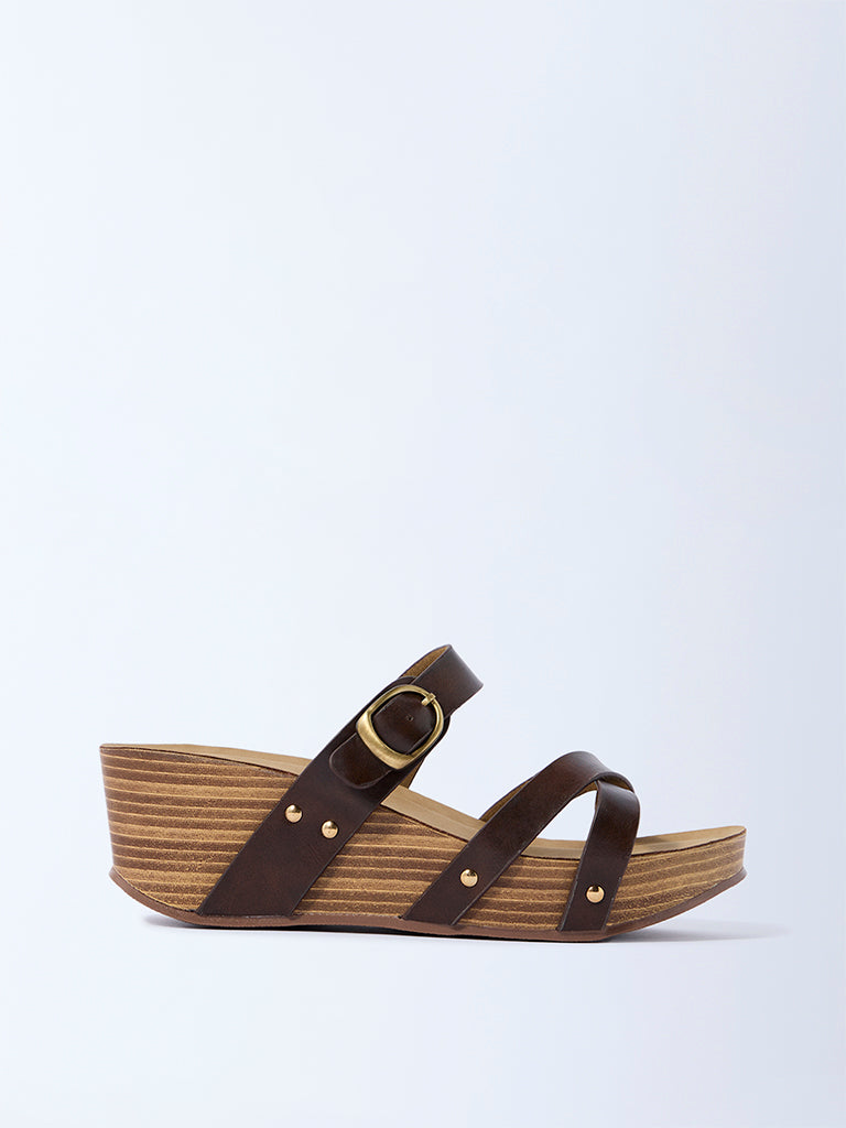 LUNA BLU Dark Brown Multi-Strap Wedge Sandals