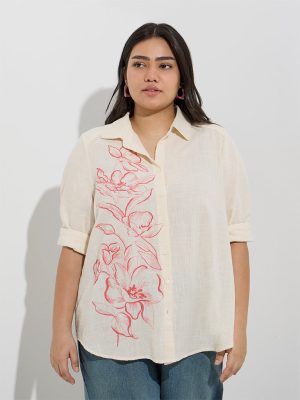 Gia Off-White Floral Detailed Cotton Shirt