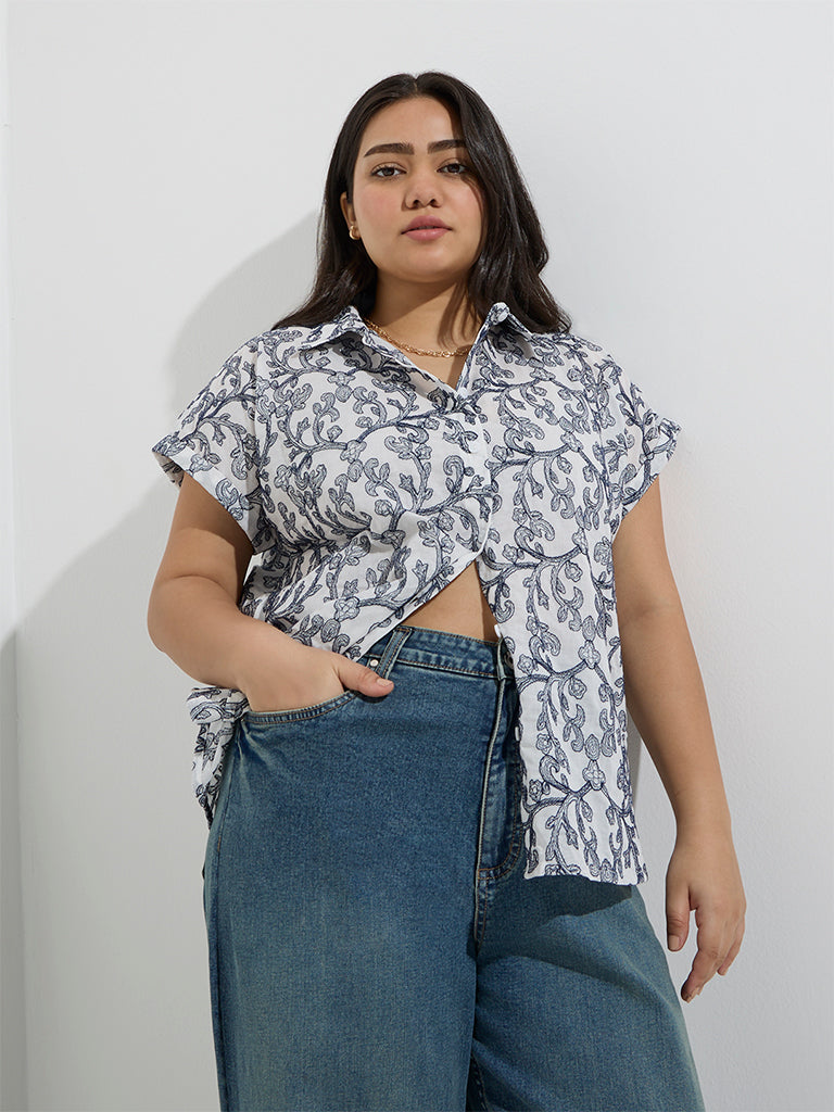 Gia Navy Floral Design Cotton Shirt - Image 2