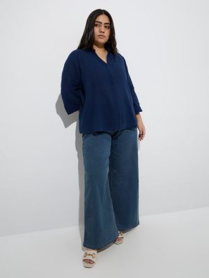 Gia Navy Crinkle-Textured Cotton Shirt