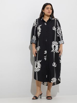 Gia Black Floral Design Shirt Dress