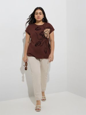 Gia Brown Floral Printed Cotton T-Shirt