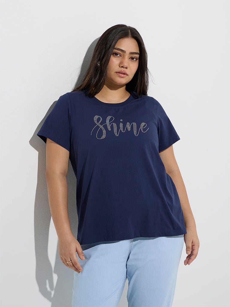 Gia Navy Text Embellished Cotton T-Shirt