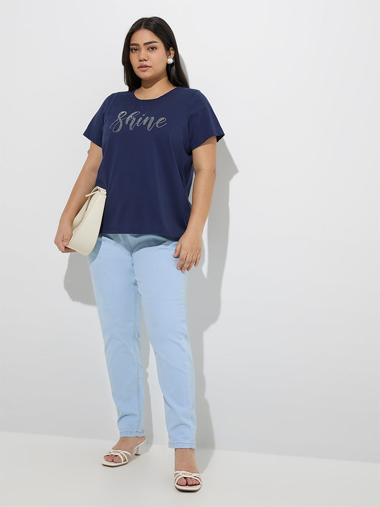 Gia Navy Text Embellished Cotton T-Shirt - Image 2