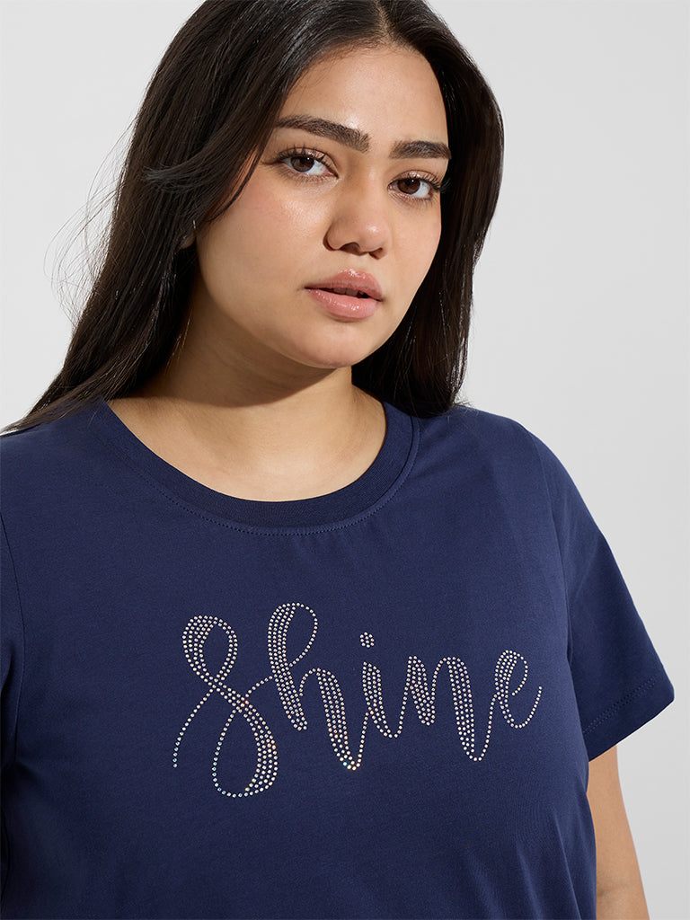 Gia Navy Text Embellished Cotton T-Shirt - Image 3
