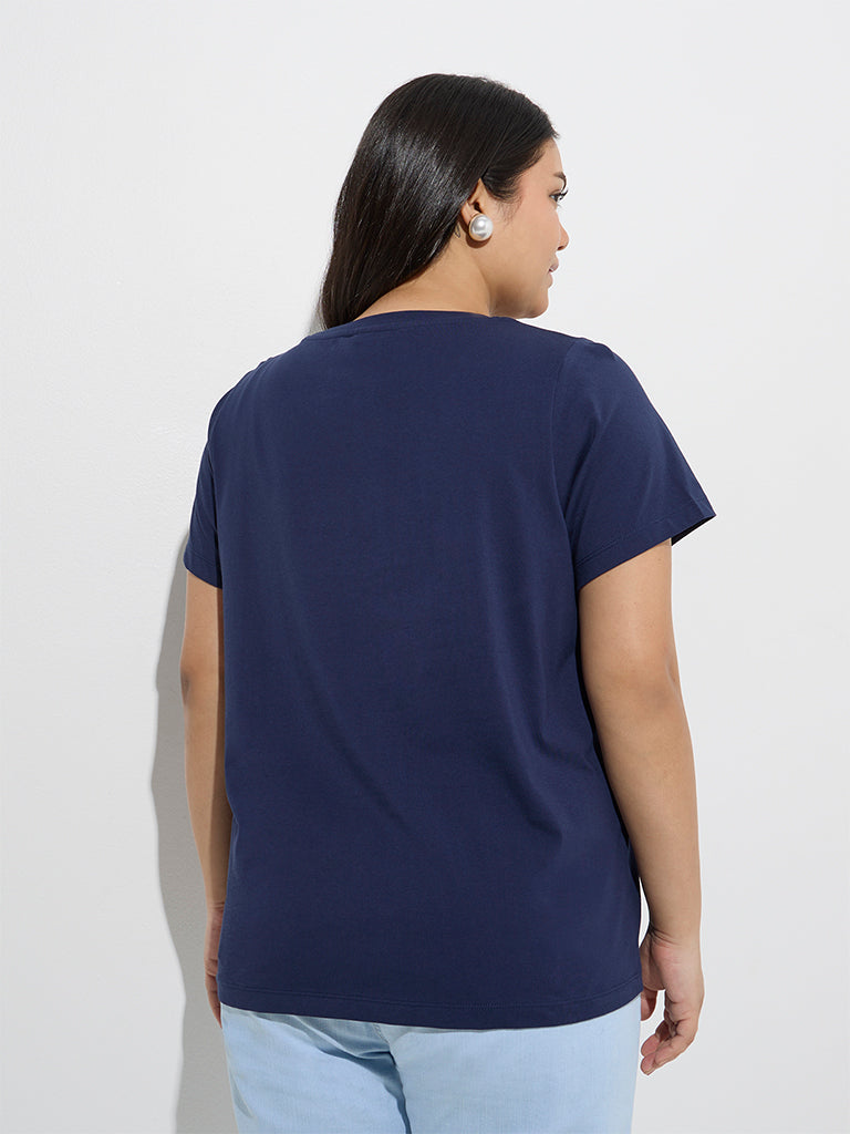 Gia Navy Text Embellished Cotton T-Shirt - Image 4
