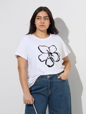 Gia White Floral Pattern Cotton T-Shirt