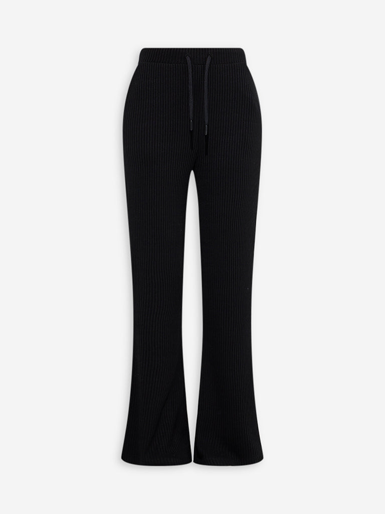 Studiofit Black Textured High-Rise Flared Track Pants - Image 5