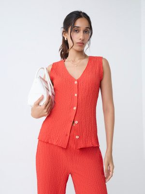 LOV Red Crinkle-Textured Vest Top